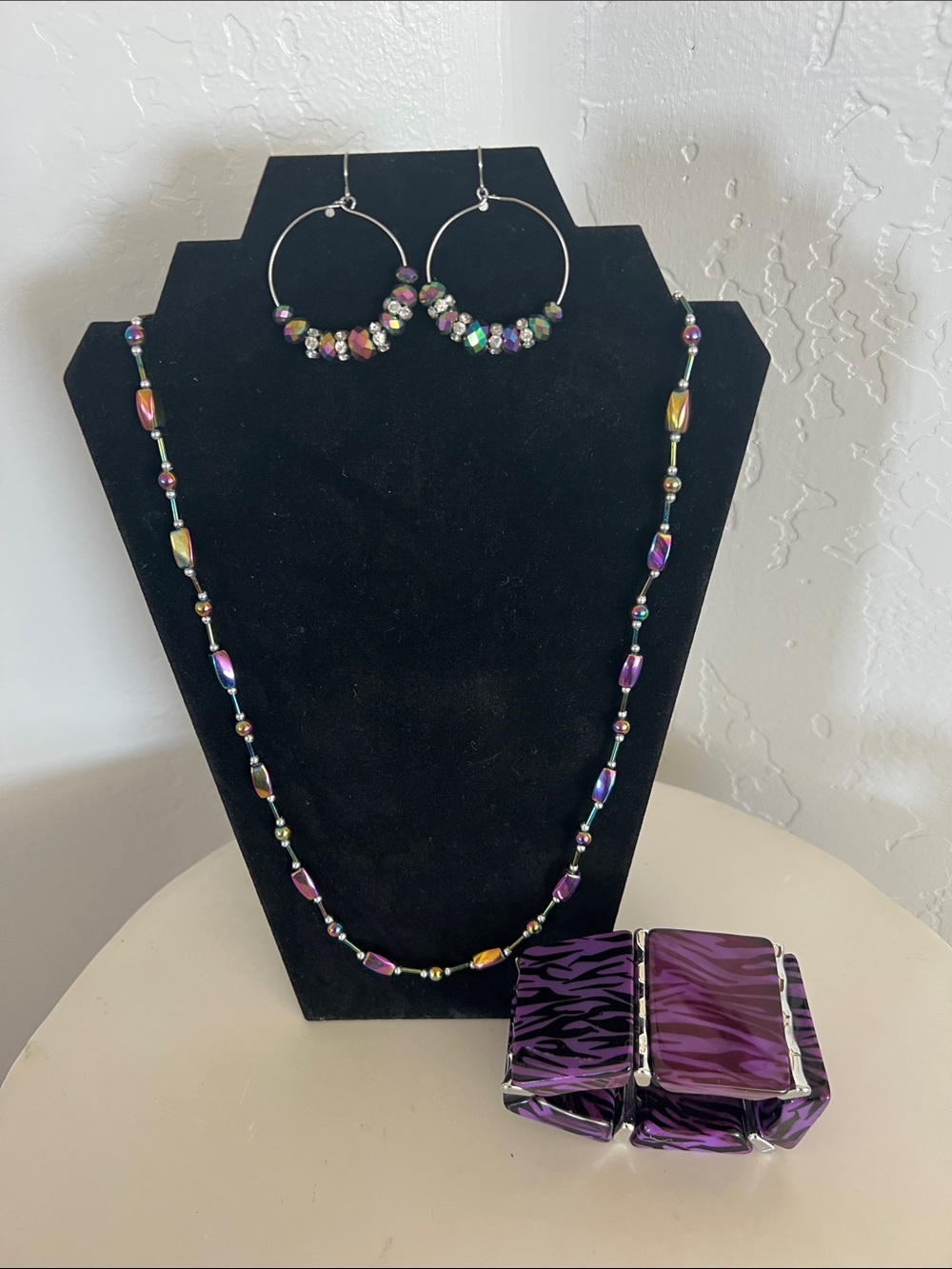 Multi-Color Beaded Hoop Earrings & Necklace Set - Purple Accents with bracelet